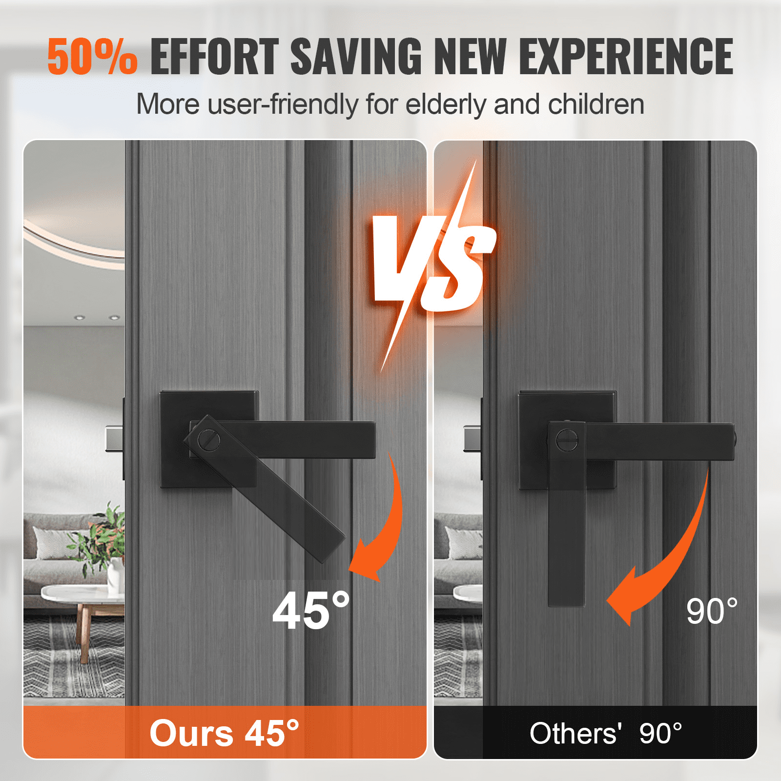 VEVOR privacy door handle, matte black door lever, 10 pieces, left- or right-handed reversible lever with lock, 45° rotation for opening, square door fitting for bedroom and bathroom