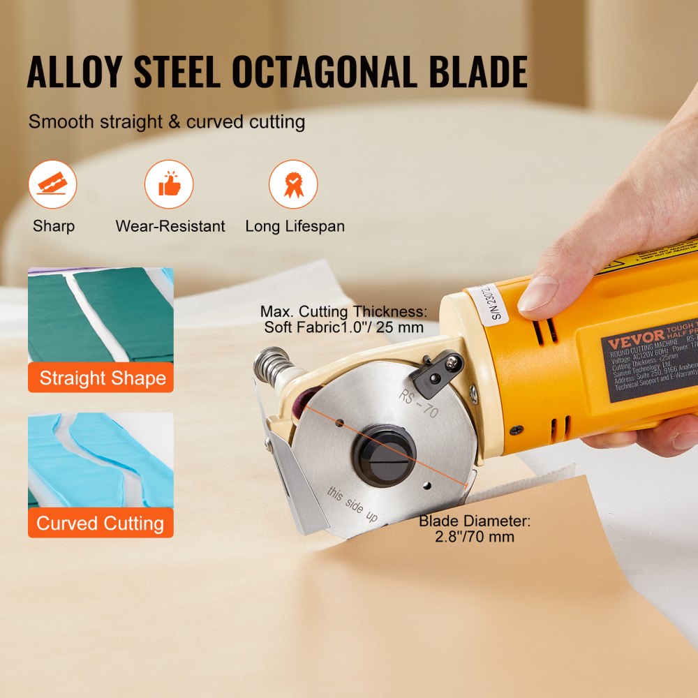 VEVOR Forbice Elettrica Rotante da Cucito per Tessuti 170 W Spessore di Taglio 25 mm, Taglierina Elettrica con Lama Ottagonale 70 mm 1 Lama di Ricambio Pietra Affilatrice per Taglio per Stoffa Tessuti
