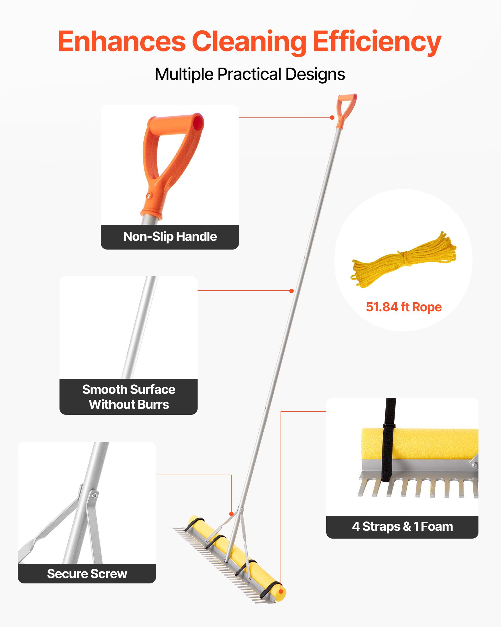 VEVOR Rastrello da Giardino Testa Larga 914 mm Manico da 2590 mm Grande e Robusto Strumento per Rastrello da Giardino in Alluminio, Livella per Asfalto per Allentare il Terreno, Giardino