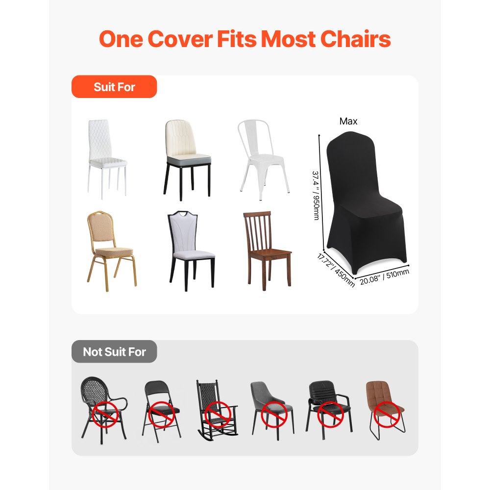 VEVOR 100 Pcs Black Chair Covers, Polyester Spandex Chair Cover, Stretch Slipcovers for Wedding Party Dining Banquet Flat-Front Chair Covers, Fits Chair Measures up to 20.08 x 17.72 x 37.4 inch