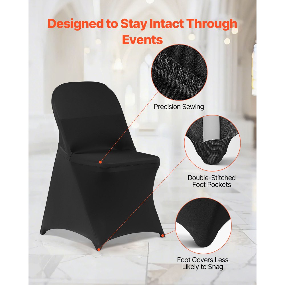 VEVOR Coprisedie Elasticizzati, 150 Pezzi, Coprisedie in Poliestere e Spandex con Parte Anteriore Piatta per Feste di Matrimonio, Banchetti da Sala da Pranzo, per Sedie 45 x 46 x 77 cm, Nero