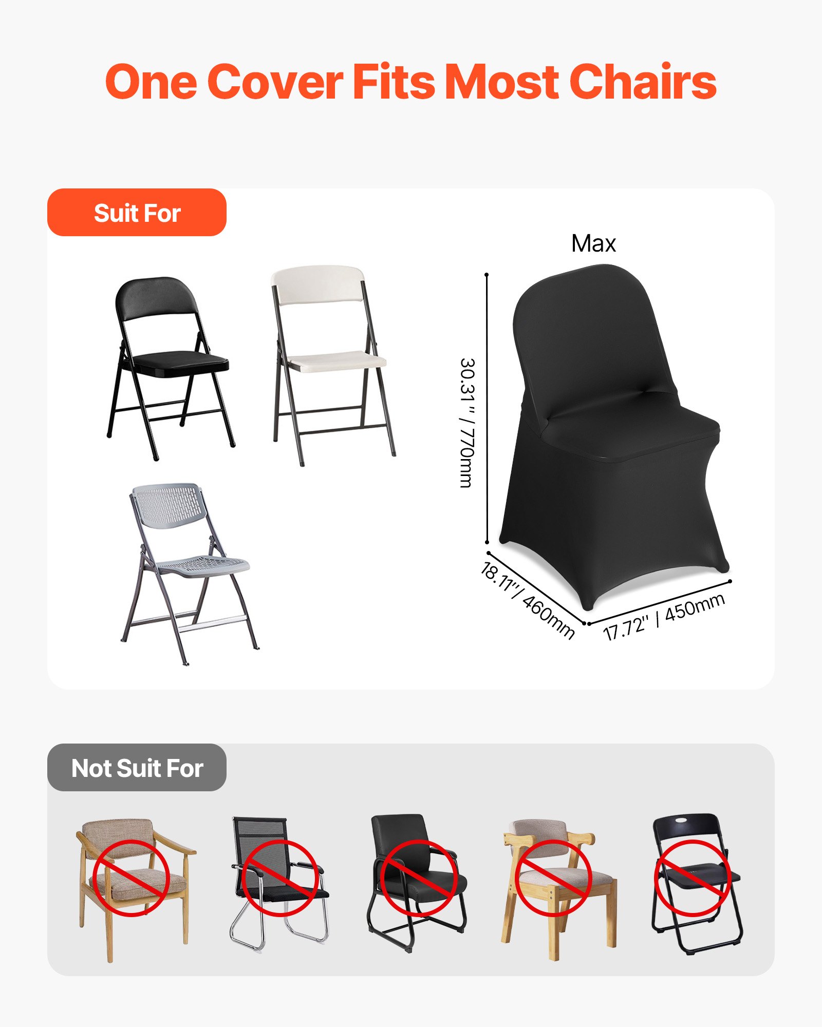 VEVOR Coprisedie Elasticizzati, 150 Pezzi, Coprisedie in Poliestere e Spandex con Parte Anteriore Piatta per Feste di Matrimonio, Banchetti da Sala da Pranzo, per Sedie 45 x 46 x 77 cm, Nero