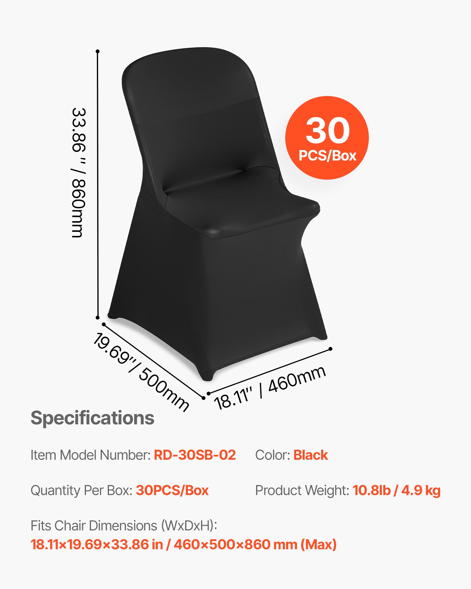 VEVOR Coprisedie Elasticizzati, 30 Pezzi Lavabili e Rimovibili in Poliestere e Spandex per Matrimoni, Feste, Sale da Pranzo, Banchetti, Ristoranti, Adatti a Sedie 460 x 500 x 860 mm, Nero