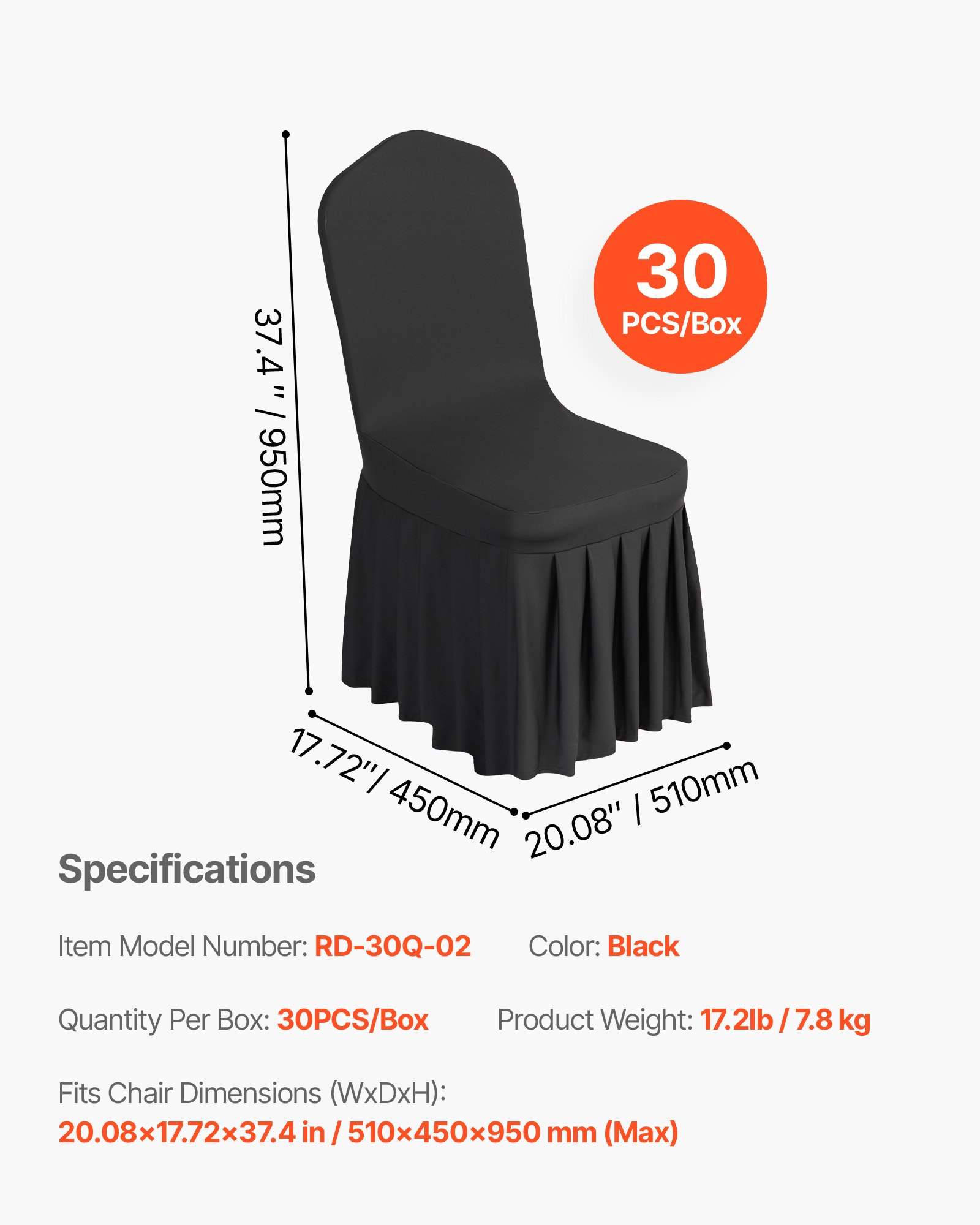 VEVOR Coprisedie con Parte Anteriore Piatta, 30 Pezzi Lavabili e Rimovibili in Poliestere e Spandex per Matrimoni, Sale da Pranzo, Banchetti, Ristoranti, Adatti a Sedie 510 x 450 x 950 mm, Nero