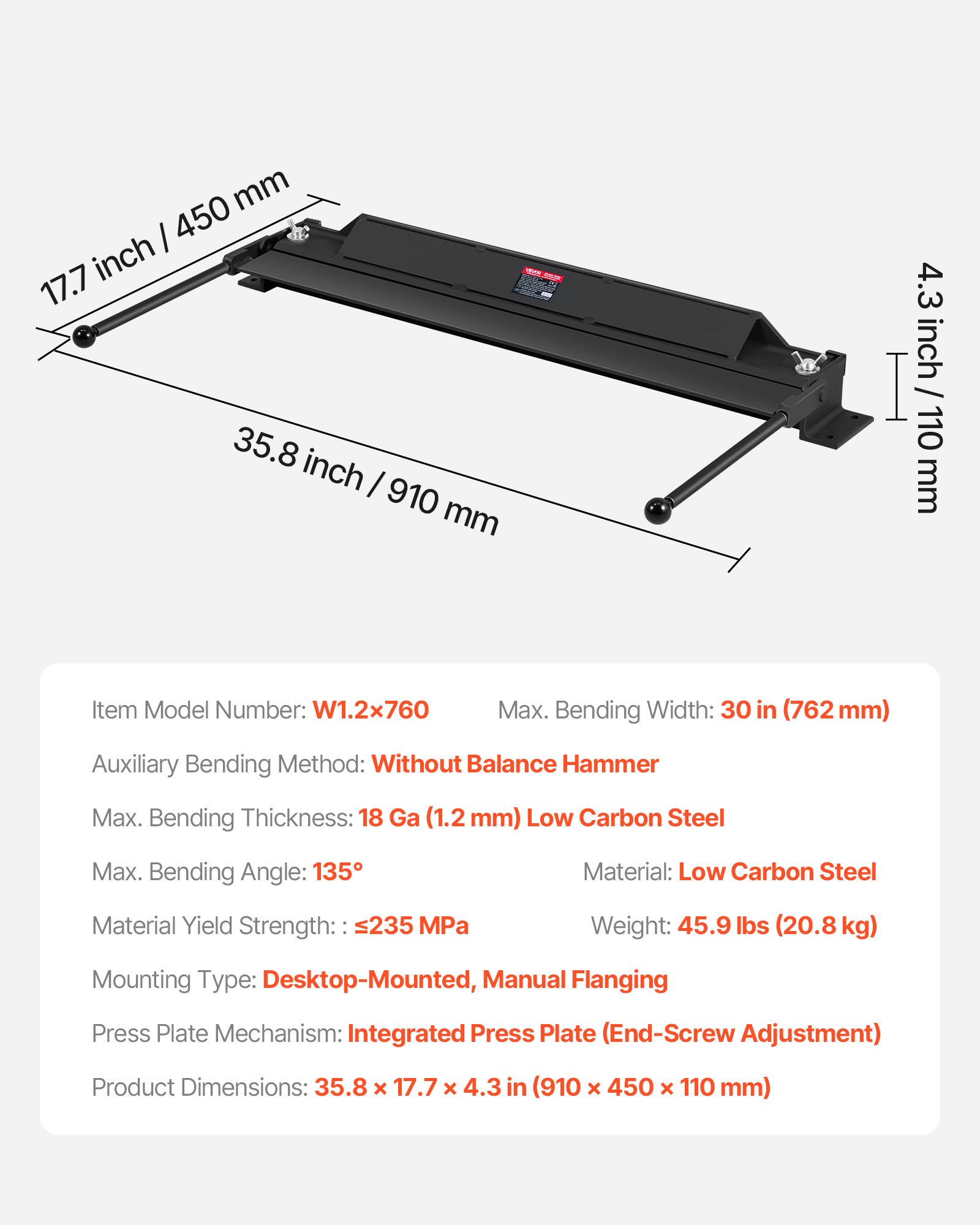 VEVOR Box and Pan Brake, 762 mm Sheet Metal Bending Brake, 18-Gauge Capacity, 0-135 Degree Adjustable, Metal Bender Machine, No Wobbling, Heavy-Duty Aluminum Folder for Precise Batch Bending