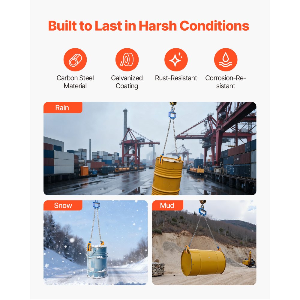 VEVOR Sollevatore a Catena per Fusti, Imbracatura a Catena per Sollevamento Fusti G80 con Gancio di Sicurezza, Capacità di 1 T, per Carrello Elevatore con Gru, Sollevatore in Acciaio al Carboni