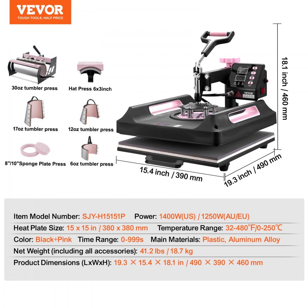 VEVOR Macchina per Pressatura a Caldo 380 x 380 mm 8 in 1 Pressa Tamburo 0,85 kg