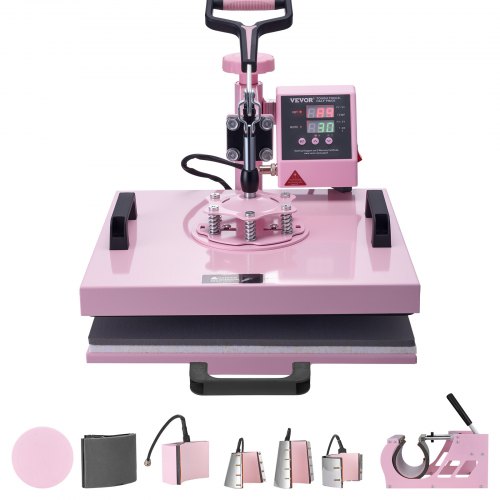 VEVOR Macchina Stampa a Caldo Dimensioni 380 x 380 mm 8 in 1 Colore Rosa, per Tazze Cappelli e Piatti, con Pressa per Bicchieri da 6-30 oz, Pressatura di Magliette a 360°, Controllo Digitale Preciso