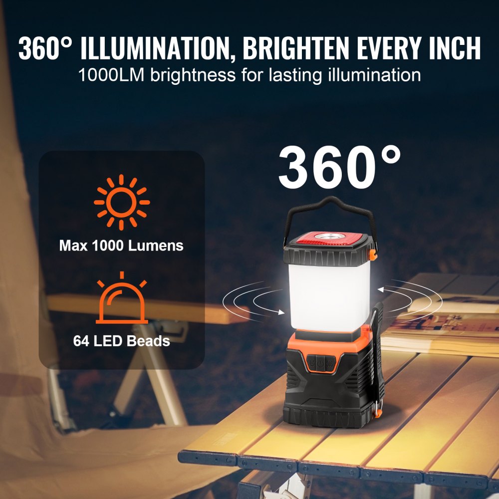 VEVOR Lanterna da Campeggio a LED, 1000 LM Lampade da Campeggio per Emergenza, Alimentata da Batterie Non Incluse, Illuminazione a 360° per Luce di Emergenza, Attività all'Aperto, Riparazioni Auto