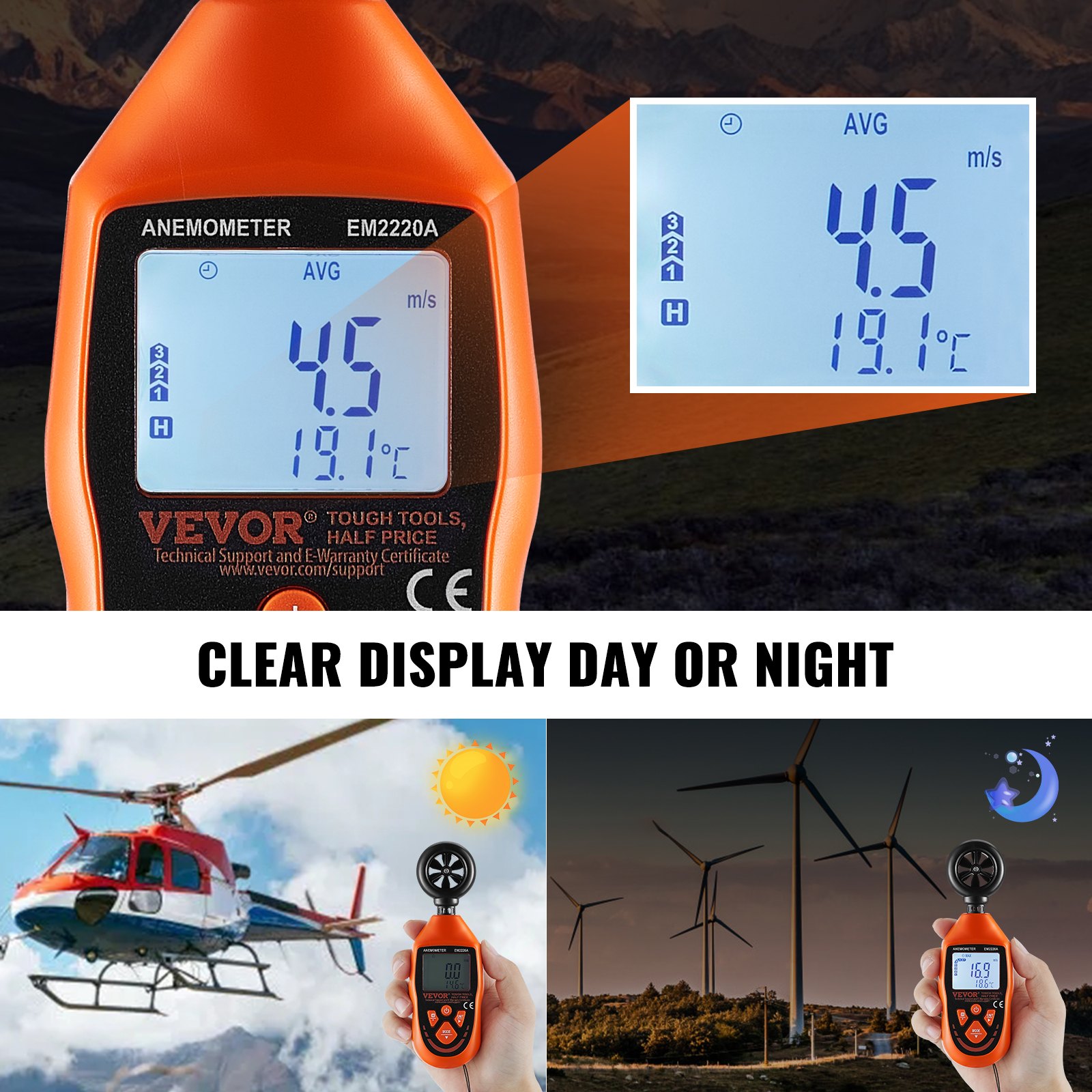 VEVOR Anemometro Portatile da -10-45℃ Misuratore di Velocità del Vento Temperatura Flusso d'Aria, Misuratore di Velocità del Vento Digitale con Display Retroilluminato LED Portatile, Anemometro Vento