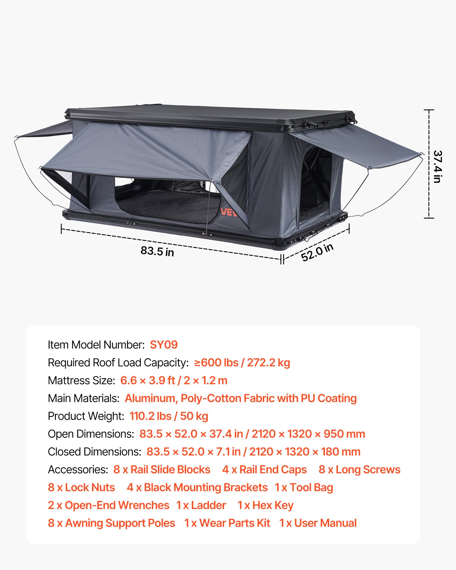 VEVOR Rooftop Tent Hard Shell, 2-3 Person Aluminum Roof Top Tent Hardshell with Tri-Color LED Light, Thick Mattress & 2 Windows, Waterproof Windproof Overland Camping Car Roof Rack for Jeep SUV Pickup