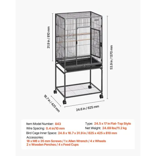 Gabbia Per Uccelli VEVOR 62x42x137 Cm, Parte Superiore Piatta, Ruote Girevoli, Vassoio Estraibile, Accessori Inclusi