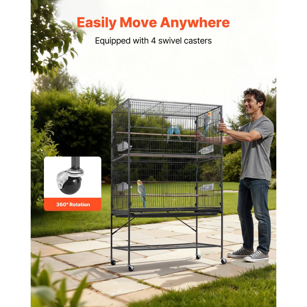 VEVOR Gabbia Voliera per Uccelli da 930 x 580 x 1510 mm, Parte Superiore Piatta, in Ferro Battuto con Trespoli, Vassoio Estraibile e Mangiatoie in Plastica, Ruote, per Pappagallo, Cinciarella