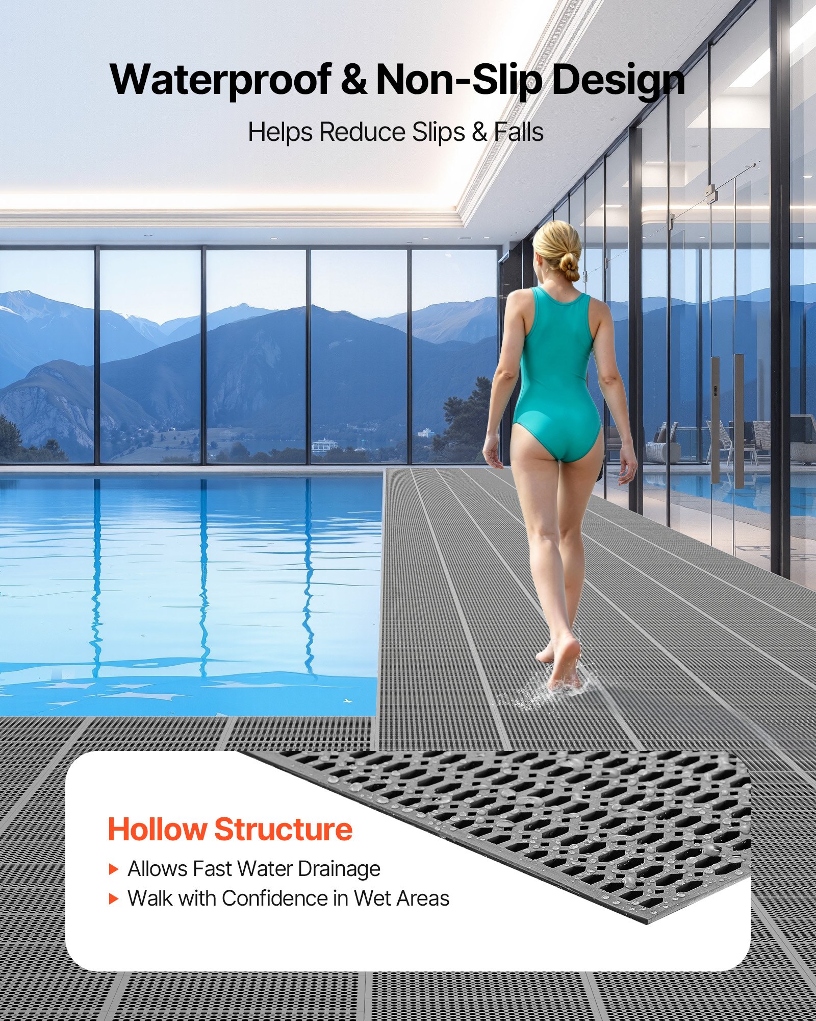 VEVOR Drainage Mat, 90 x 1500 cm, PVC Non Slip Commercial Floor Mat, Wet Area Water Drain Splash Matting Hollow Doormat Roll, for Outdoor Indoor Restaurant Swimming Pool Patio Bathroom Washroom, Black