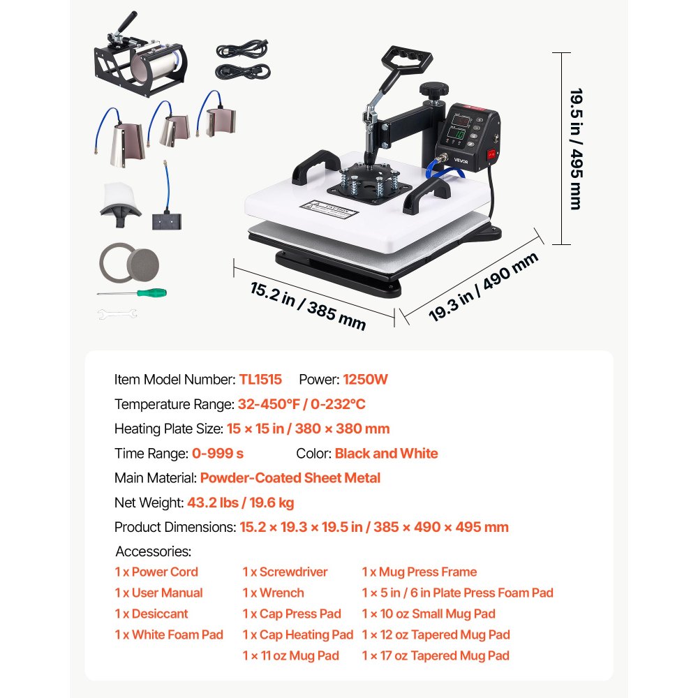VEVOR Pressa a Caldo 38 x 38 cm Kit 8 in 1 Sublimazione Regolabile a 360°, Termopressa Riscaldamento Rapido, Controllo Digitale di Tempo e Temperatura, per Magliette Tazze Bicchieri Cappelli Piatti