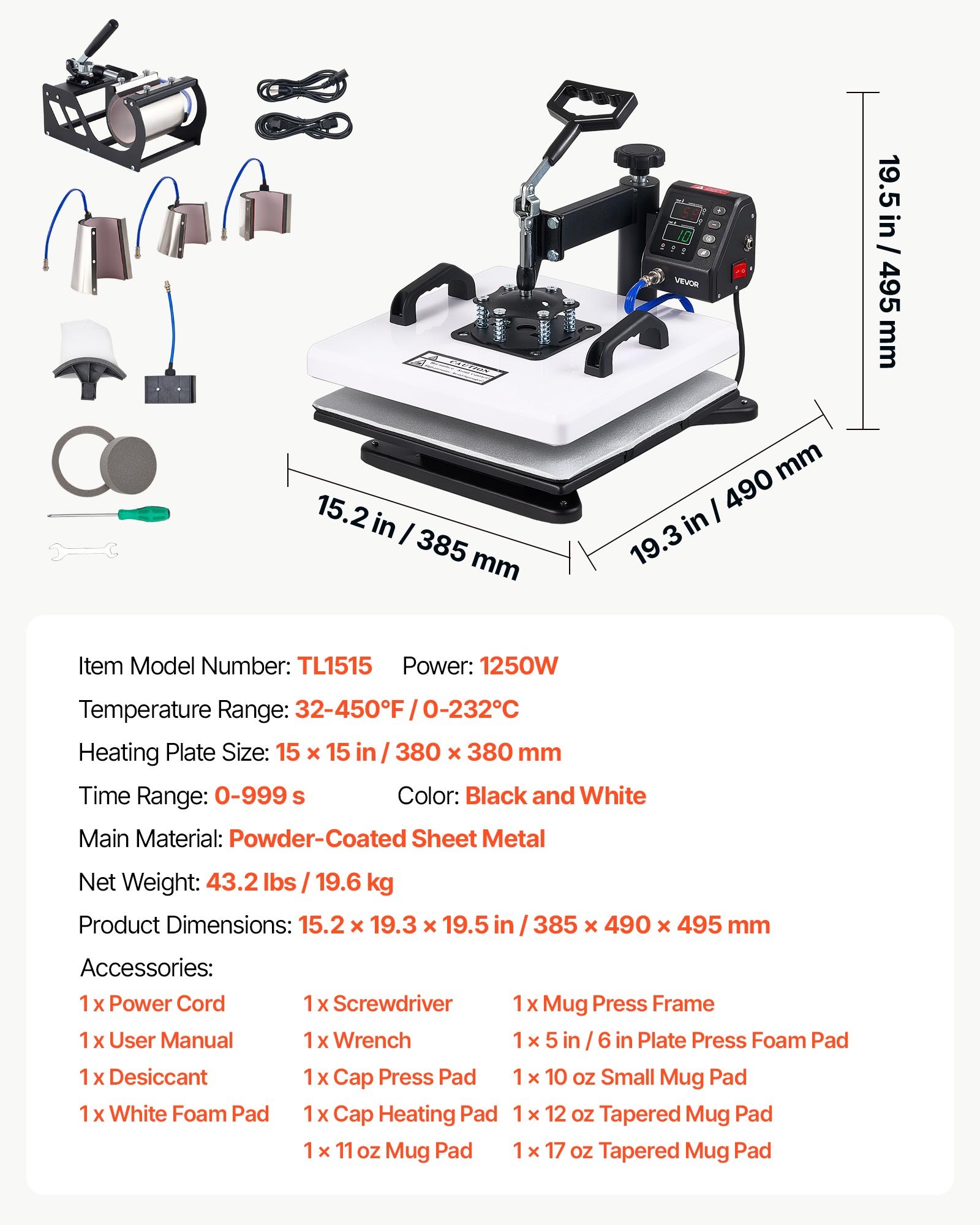 VEVOR Pressa a Caldo 38 x 38 cm Kit 8 in 1 Sublimazione Regolabile a 360°, Termopressa Riscaldamento Rapido, Controllo Digitale di Tempo e Temperatura, per Magliette Tazze Bicchieri Cappelli Piatti