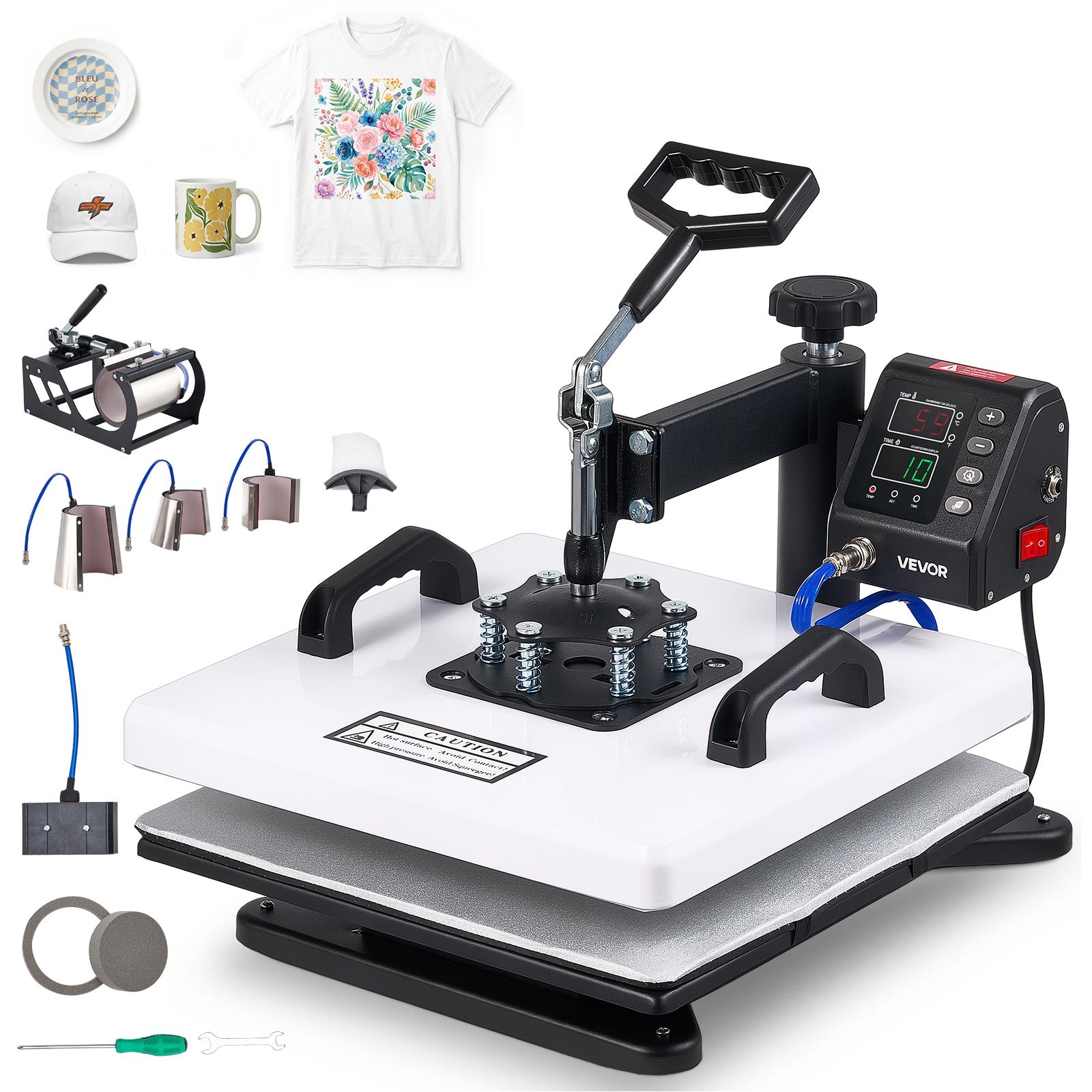 VEVOR Pressa a Caldo 38 x 38 cm Kit 8 in 1 Sublimazione Regolabile a 360°, Termopressa Riscaldamento Rapido, Controllo Digitale di Tempo e Temperatura, per Magliette Tazze Bicchieri Cappelli Piatti