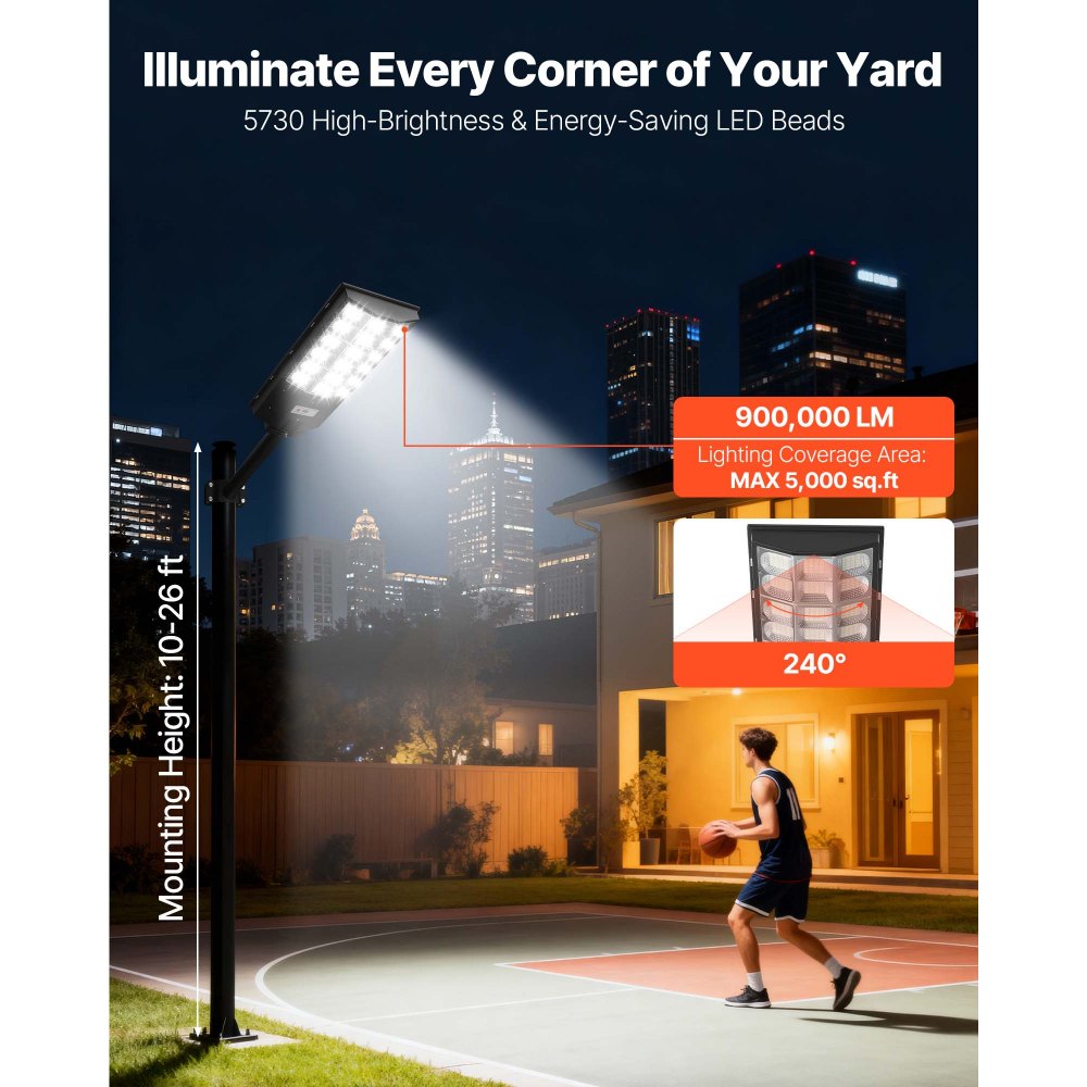 VEVOR Lampione Solare da Esterno 12000 W 900000 LM, Faretto per Parcheggio Commerciale 1 pezzo, Lampada di Sicurezza a LED con Sensore di Movimento, Illuminazione Esterna Impermeabile IP65