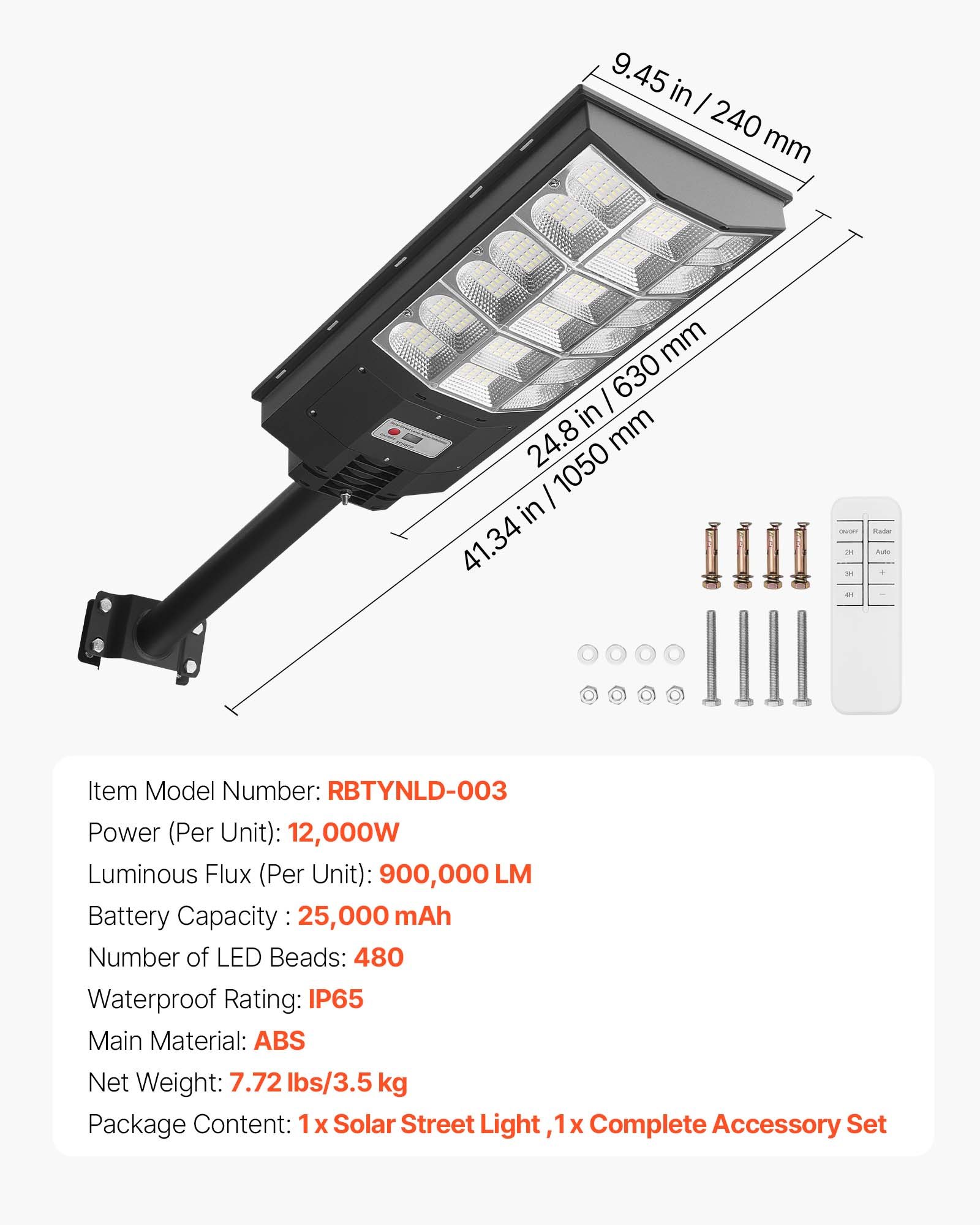VEVOR Lampione Solare da Esterno 12000 W 900000 LM, Faretto per Parcheggio Commerciale 1 pezzo, Lampada di Sicurezza a LED con Sensore di Movimento, Illuminazione Esterna Impermeabile IP65