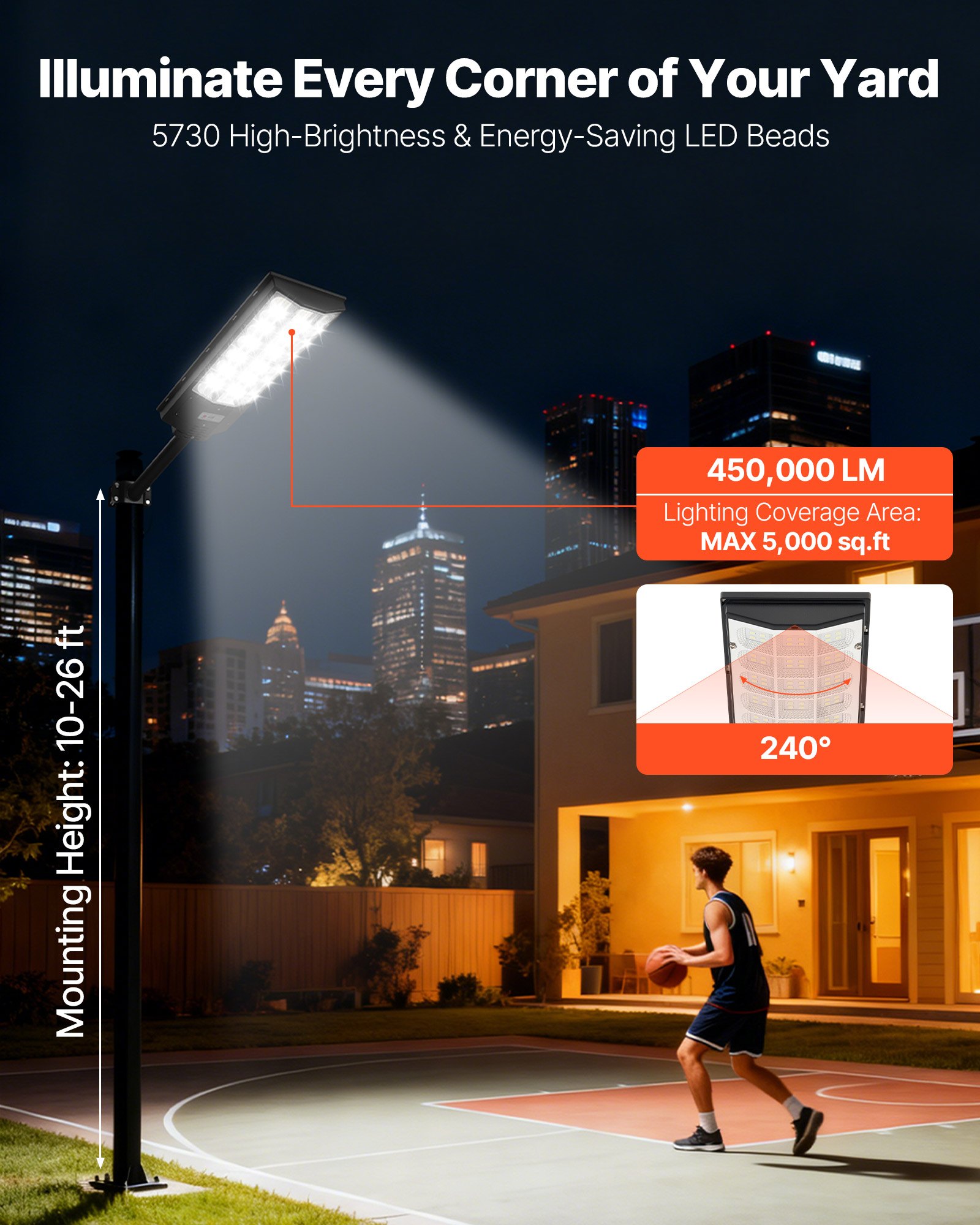 VEVOR Lampione Solare da Esterno 8000 W 450000 LM, Faretto per Parcheggio Commerciale 1 pezzo Lampada di Sicurezza a LED con Sensore di Movimento, Illuminazione Esterna per Vialetto d'Accesso