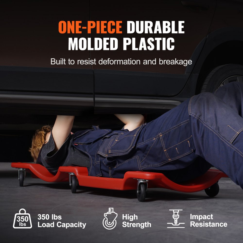 VEVOR mechanic's creeper made of plastic, 914 mm, 158.8 kg load capacity, creeper for car workshops with ergonomically shaped HDPE body, padded headrest and two tool trays, 6 wheels, for car workshops