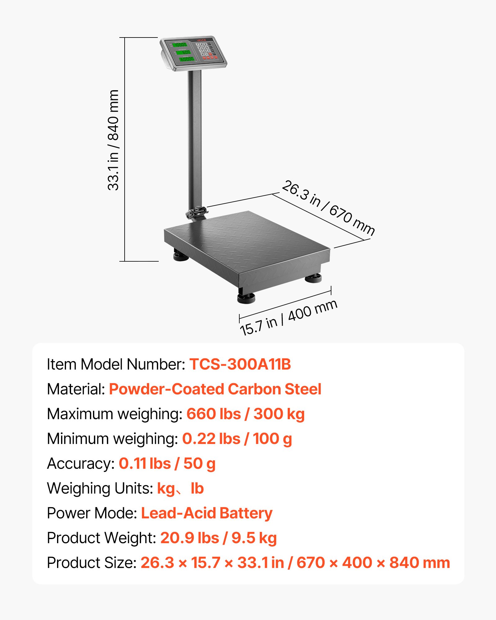 VEVOR Bilancia Digitale Industriale Portata 300 kg Elevata Precisione 50 g, Bilancia Industriale per Carichi Pesanti con KG, Tara, Calcolatrice, Adatta per Bagagli, Spedizione, Pacchi