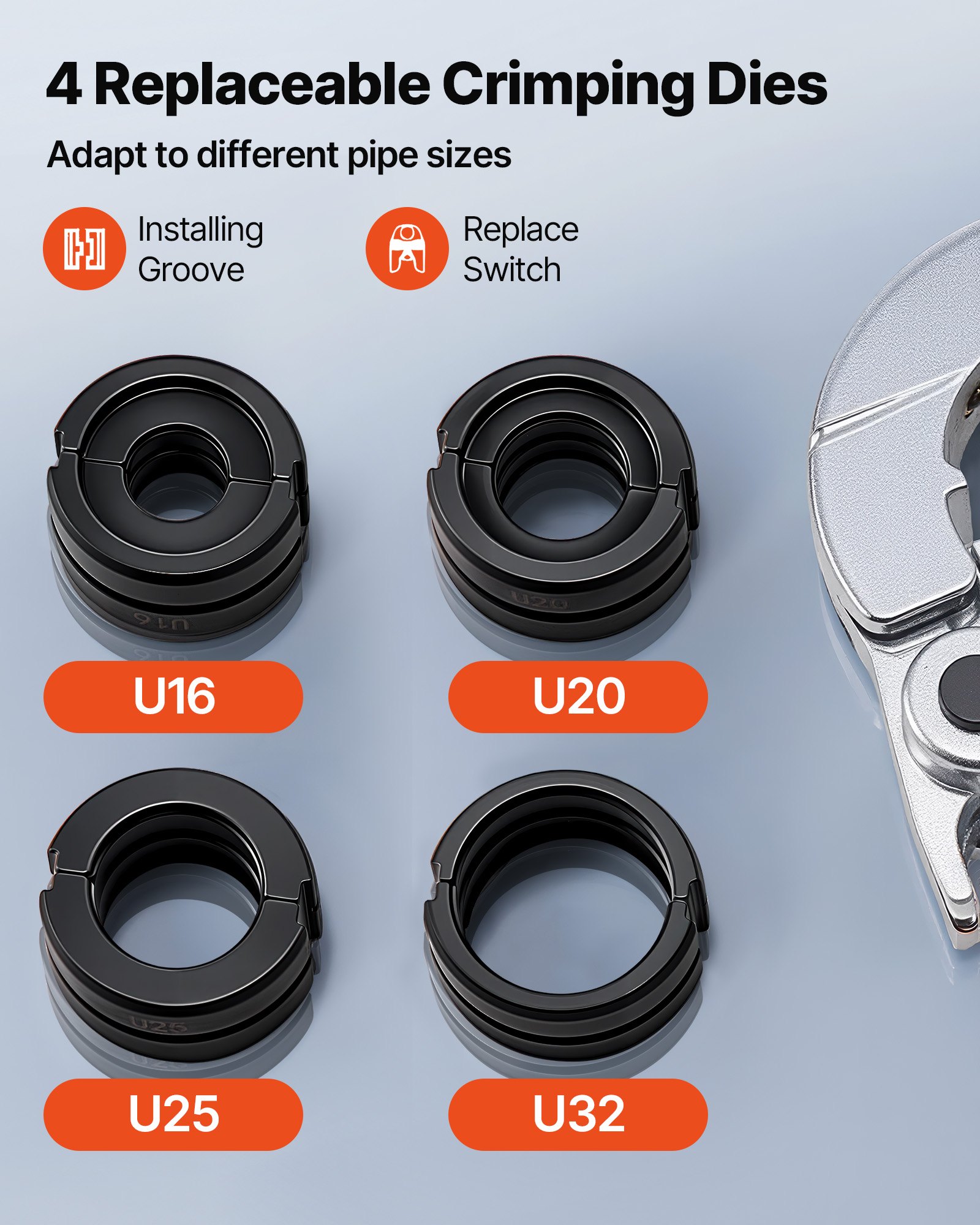 VEVOR Pinza di Crimpatura Idraulica per Tubi in Alluminio e Plastica PEX, Raccordi per Tubi con Ganasce U16 U20 U25 U32, Custodia per il Trasporto, Kit di Crimpatura per Riparazione