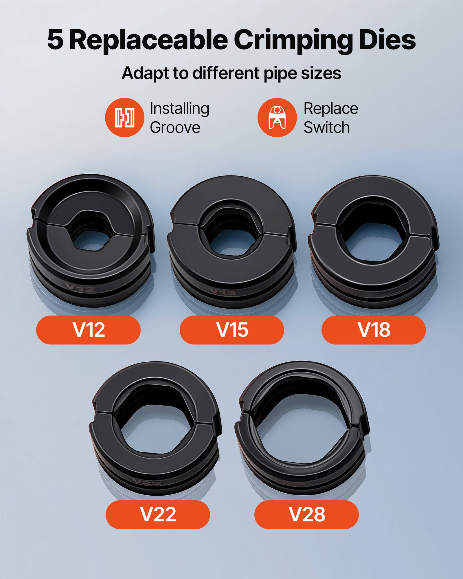 VEVOR Pinza Crimpatrice Idraulica, Pinza Crimpatrice per Tubi in Acciaio Inossidabile, Raccordi per Tubi con Ganasce V12 V15 V18 V22 V28, Custodia per il Trasporto, Kit di Crimpatura