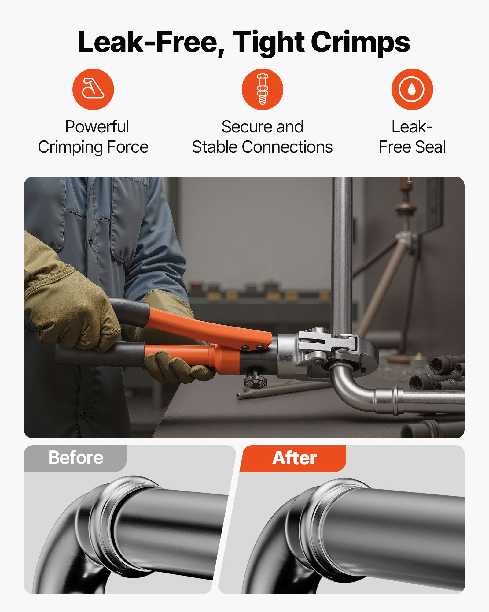 VEVOR Pinza Crimpatrice Idraulica, Pinza Crimpatrice per Tubi in Acciaio Inossidabile, Raccordi per Tubi con Ganasce V12 V15 V18 V22 V28, Custodia per il Trasporto, Kit di Crimpatura