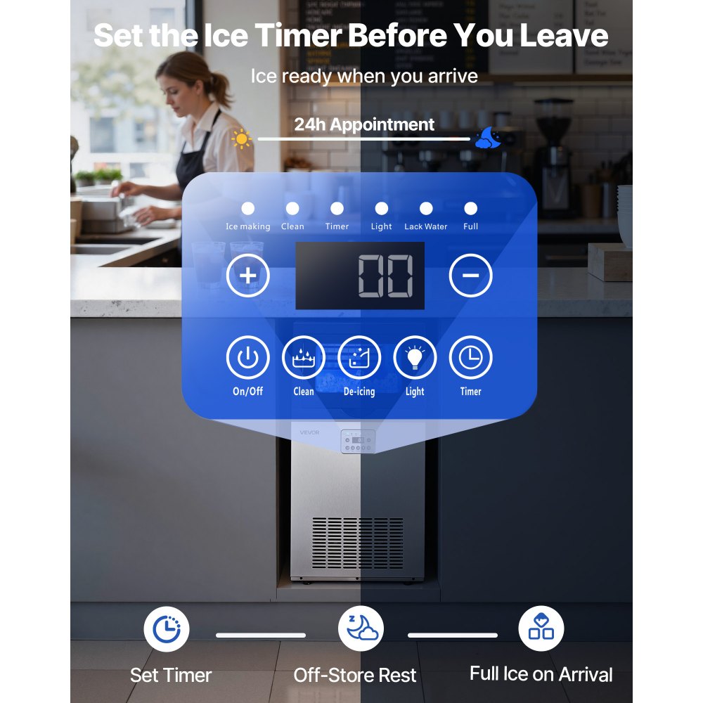 VEVOR Macchina per Cubetti di Ghiaccio Commerciale 45 kg/24h da Pavimento, Fabbricatore per Cubetti di Ghiaccio Capacità di Stoccaggio 14 kg in Acciaio Inox Display LED Funzione Autopulente Bar Hotel