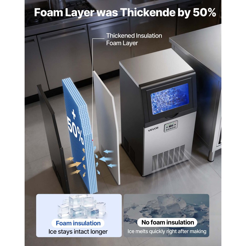 VEVOR Macchina per Cubetti di Ghiaccio Commerciale 45 kg/24h da Pavimento, Fabbricatore per Cubetti di Ghiaccio Capacità di Stoccaggio 7,3-13,3 kg in Acciaio Inox Display LED Funzione Autopulente Bar Hotel