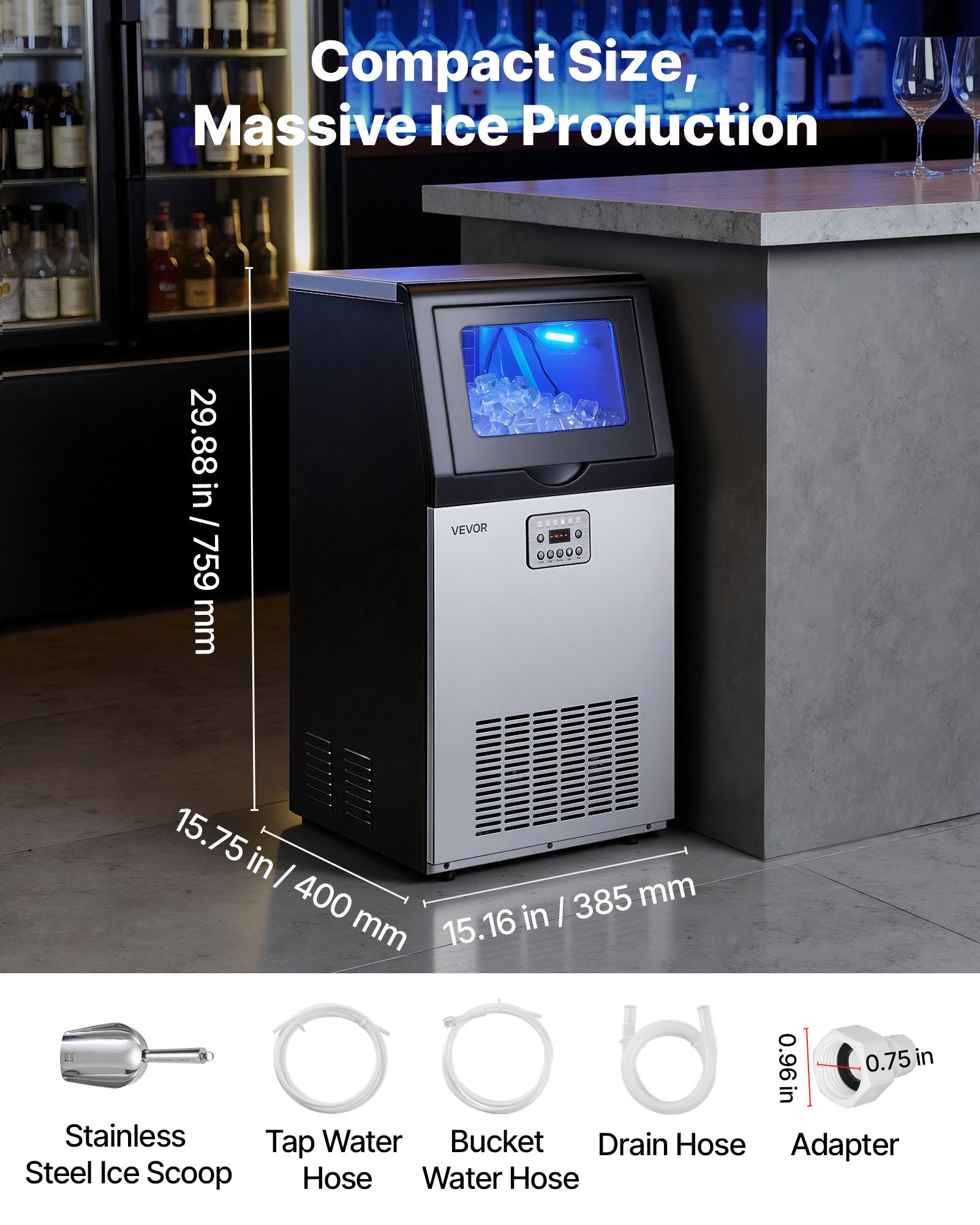 VEVOR Macchina per Ghiaccio Commerciale 54 kg/24 h, Macchina per Cubetti di Ghiaccio in Acciaio Inox Display LED Funzione Autopulente Capienza di Ghiacci 14 kg da Cucina Hotel Ristorante Bar Feste