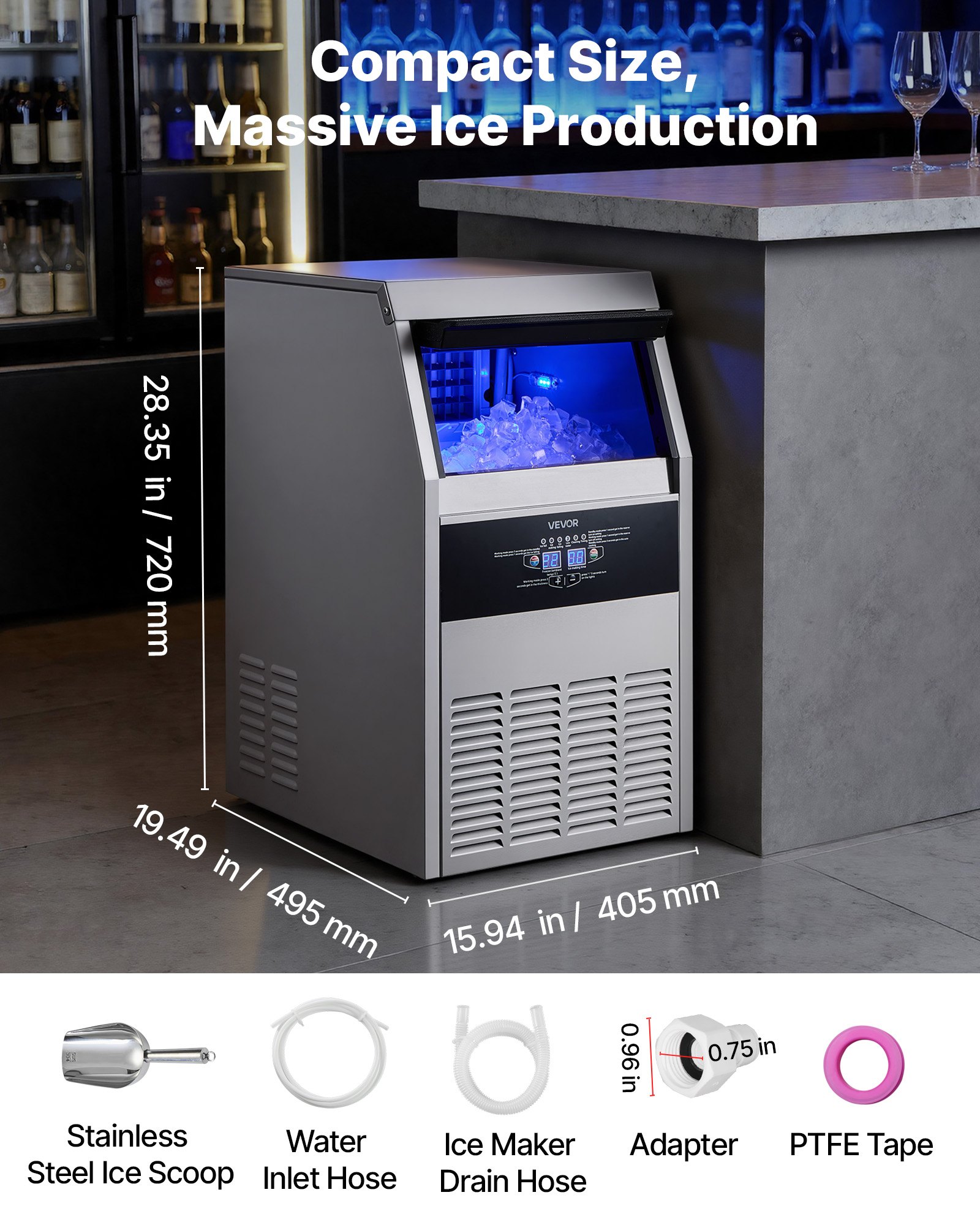 VEVOR Commercial Ice Maker Machine, 73 kg/24h with 14 kg Storage Capacity, Built-in/Freestanding/Under Counter, Stainless Steel Ice Maker with LED Display & Self-Cleaning, for Home Bar Restaurant
