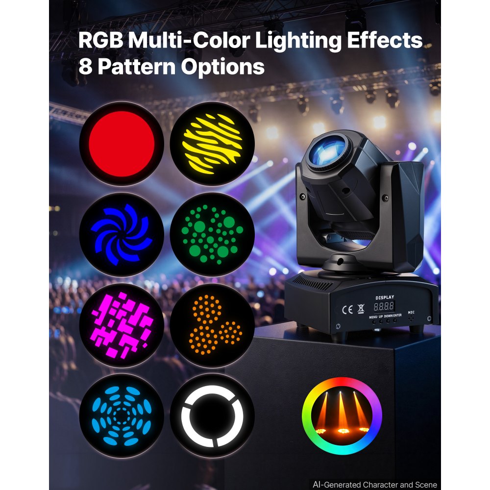 VEVOR Luci Testa Mobile LED RGB 30 W 2 Pezzi, Luci da Palco DJ Stroboscopio, con 8 Gobo e 8 Colori, Pan 540° e Tilt 270°, Controllo DMX e Attivazione Sonora, Ideale per Matrimoni, Feste ed Vari Eventi