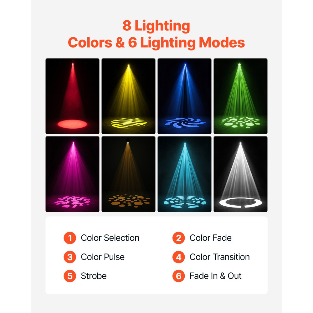 VEVOR Luci Testa Mobile LED RGB 30 W 2 Pezzi, Luci da Palco DJ Stroboscopio, con 8 Gobo e 8 Colori, Pan 540° e Tilt 270°, Controllo DMX e Attivazione Sonora, Ideale per Matrimoni, Feste ed Vari Eventi