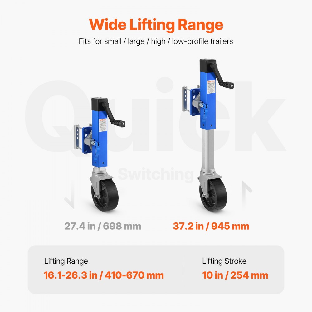 VEVOR Trailer Jack with Wheel, 725kg Trailer Support, Swivel Joint Boat Trailer Jack PP Single Wheel, 254mm Lift, Bolt-On Travel Trailer with Handle for Motorhome, Boat, Horse Trailer, Utility Trailer