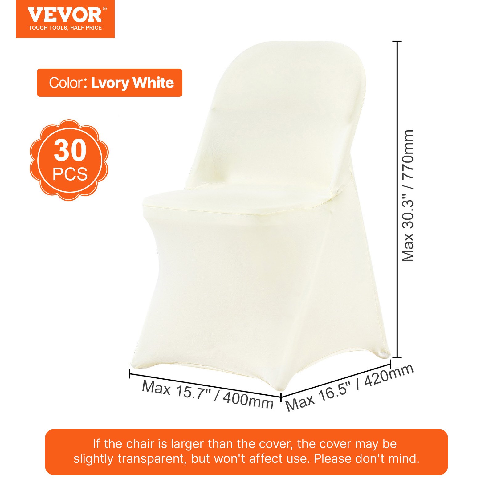 VEVOR Chair Covers for Folding Chairs Made of Elastic Spandex, Short Chair Covers, Removable & Washable Protective Covers, for Wedding, Holiday, Banquet, Party, Celebration (30 Pieces, Ivory White)