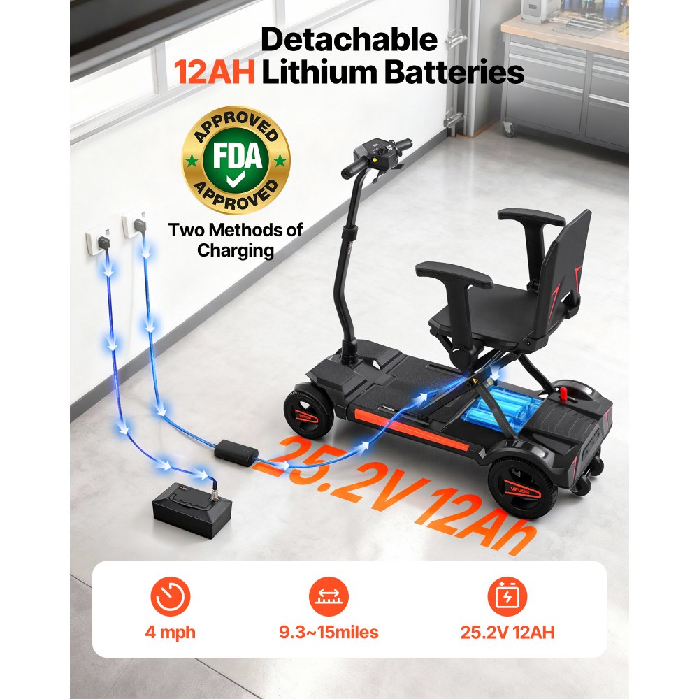 VEVOR Scooter Elettrico a 4 Ruote Pieghevole, Fuoristrada, Autonomia di 15 km, Capacità di Salita di 9°, Carico di 120 kg, con Batteria da 24 V 12 Ah, Mobilità Scooter per Anziani Disabili