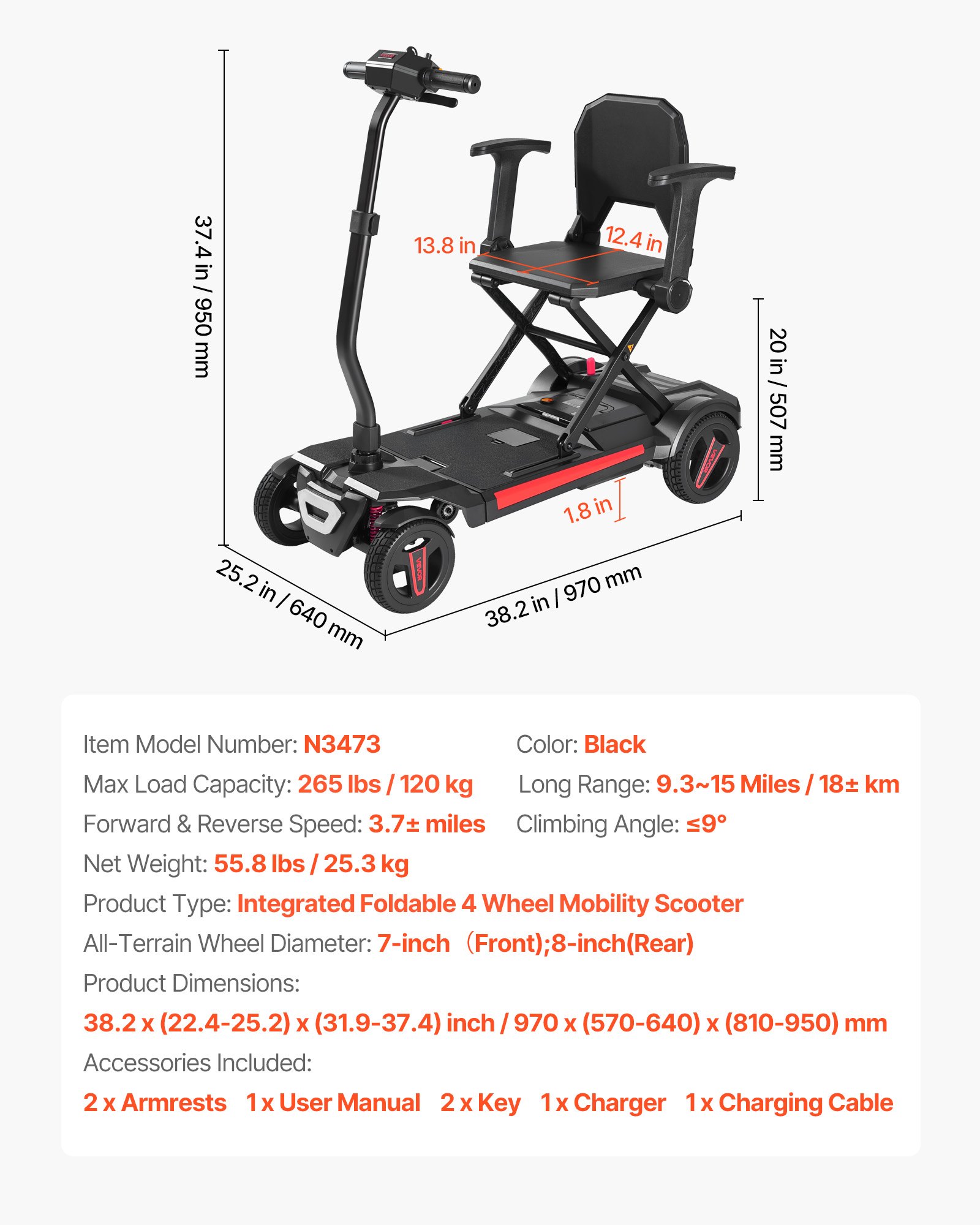 VEVOR Scooter Elettrico a 4 Ruote Pieghevole, Fuoristrada, Autonomia di 15 km, Capacità di Salita di 9°, Carico di 120 kg, con Batteria da 24 V 12 Ah, Mobilità Scooter per Anziani Disabili