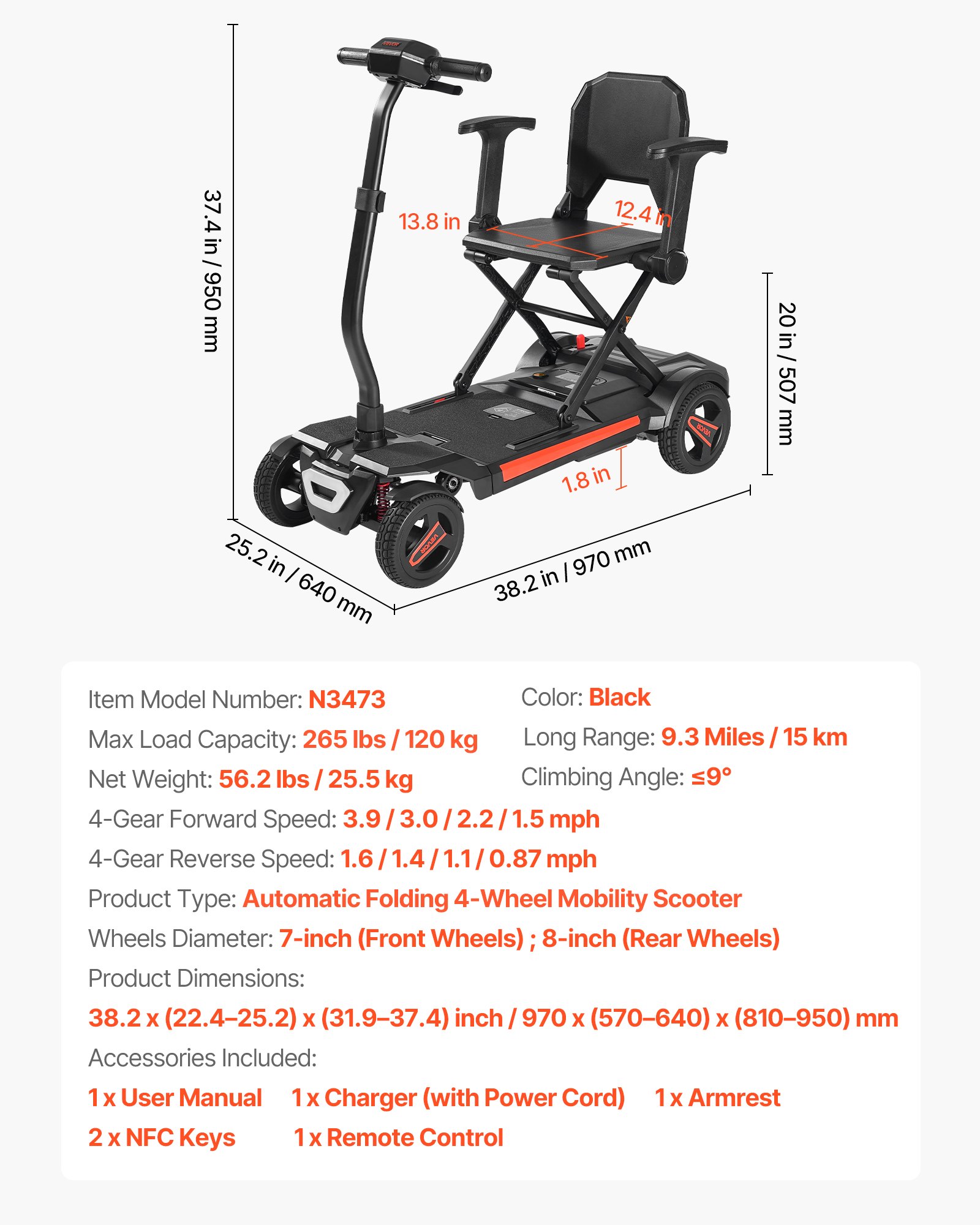 VEVOR Scooter Elettrico a 4 Ruote Pieghevole con Telecomando, Autonomia di 15 km, Capacità di Salita di 9°, Carico di 120 kg, con Batteria da 24 V 12 Ah, Mobilità Scooter per Anziani Disabili