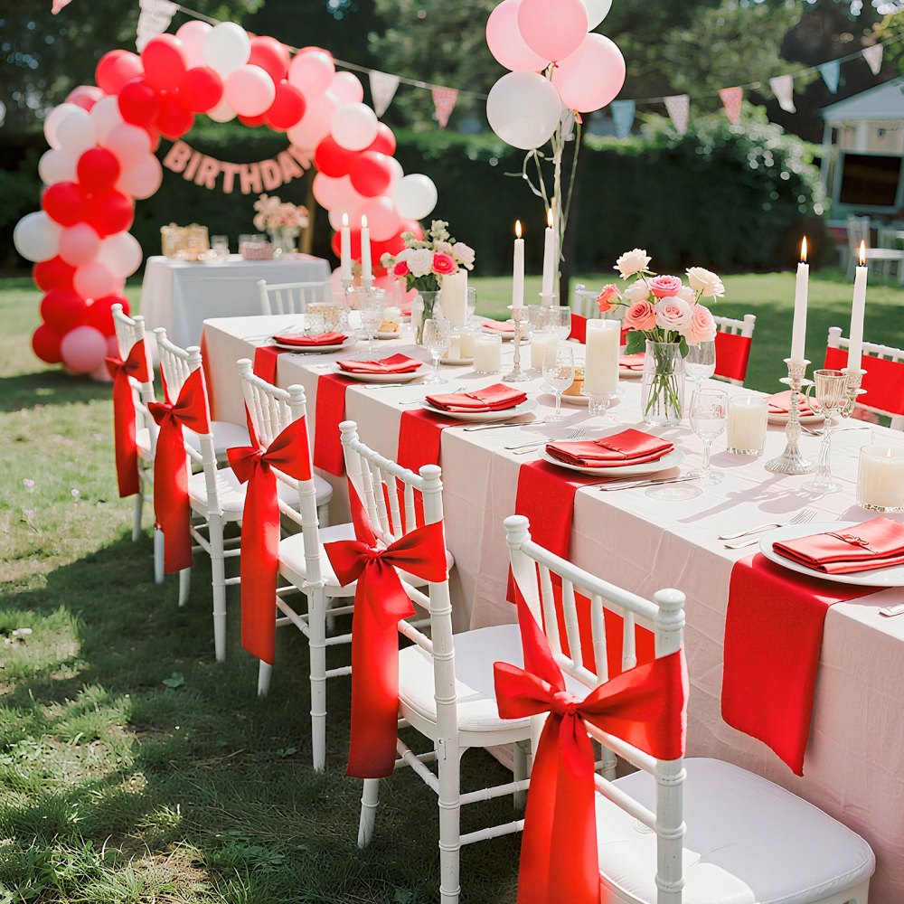 VEVOR Fasce per Sedie in Raso con Fiocchi, Fasce per Sedie per Legare, Nastri per Sedia Fiocchi di Nozze per Matrimoni, Feste, Banchetti, Coprisedie per Banchetti, 275x17 cm, 50 Pezzi Rosso