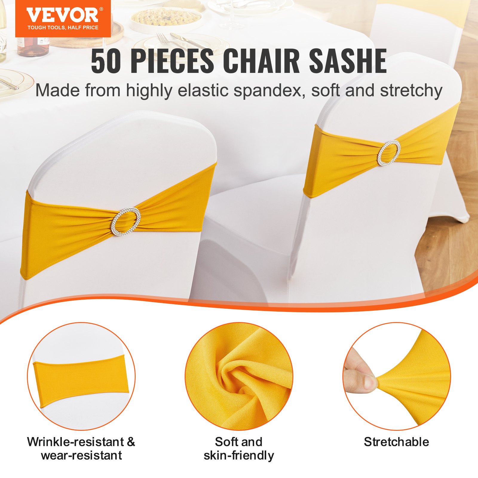 VEVOR Stretch Chair Sashes in Spandex, Chair Covers & Stretch Chair Sashes with Round Buckle, Elastic Chair Bands, Matching Chair Decoration for Weddings, Holidays (50 Pieces, Golden Yellow)