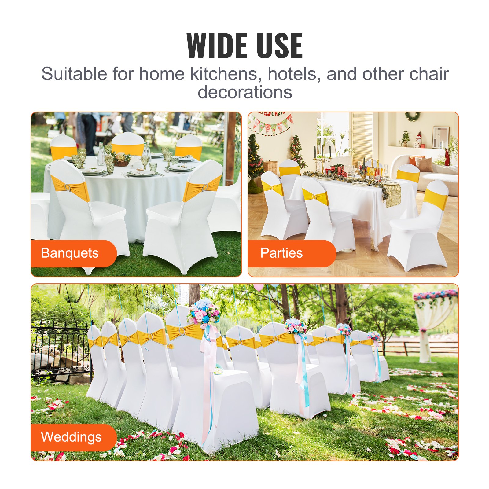 VEVOR Chair Covers made of Elastic Spandex for Folding Chairs, Universally Fitting Chair Covers with Chair Sashes, Removable & Washable Protective Covers, for Weddings, Parties, Dining (30 pcs. Gold & White)