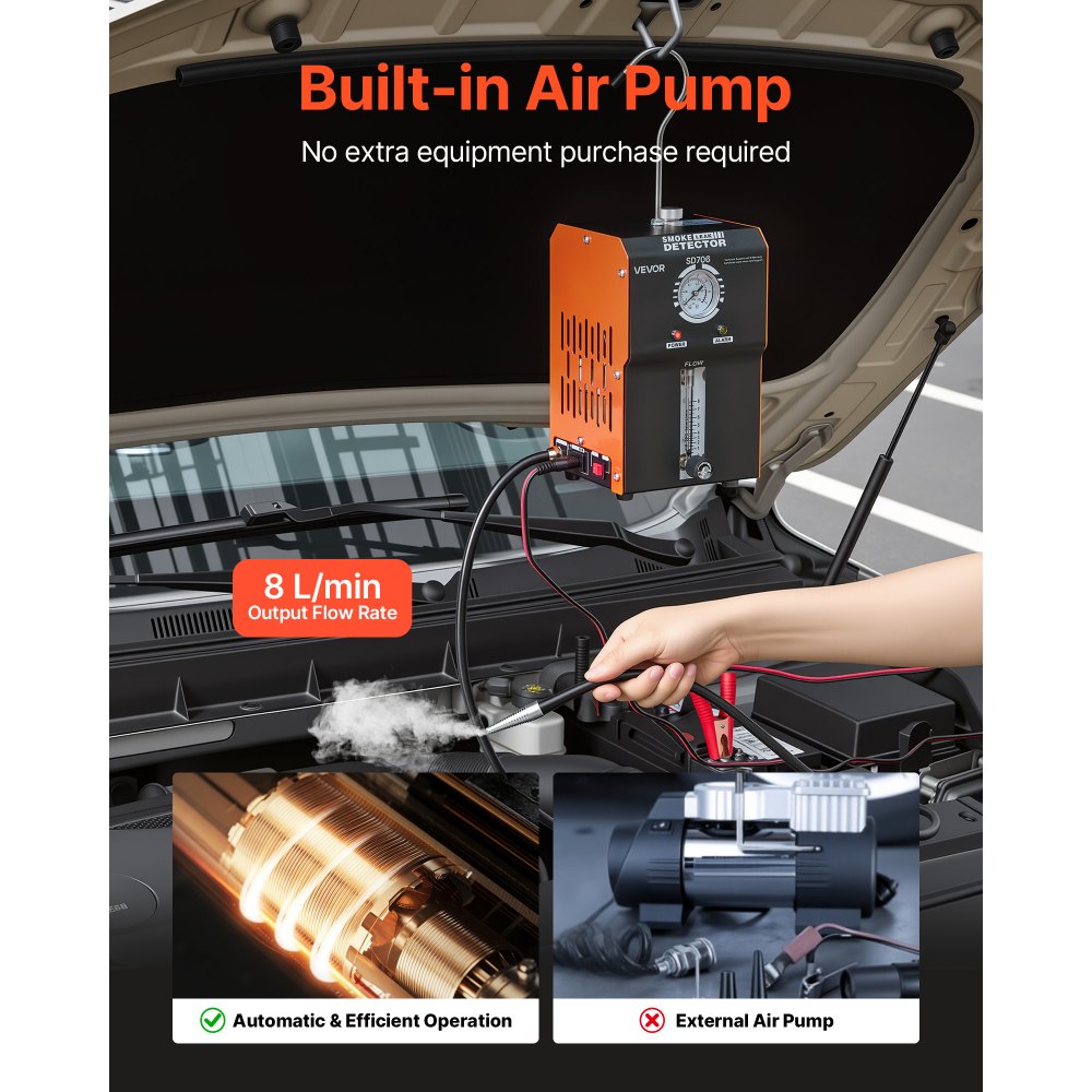 VEVOR Rilevatore di Perdite di Fumo per Autoveicoli EVAP Pompa Integrata Tester Diagnostico a Vuoto per Fumo Perdite  EVAP 12V CC, Manometro Flussometro, 2 Modalità per Auto Moto Camion Barche ATV