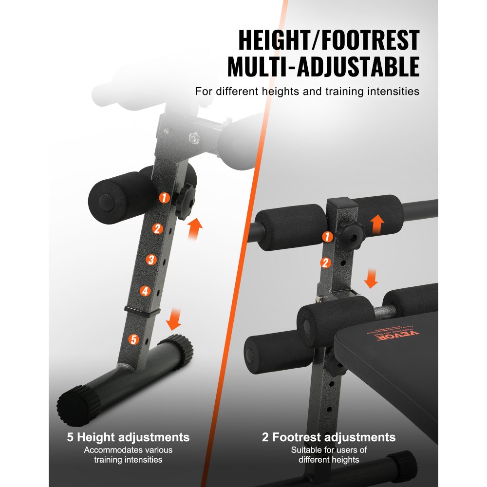 VEVOR Panca per Addominali Curva, Altezza Regolabile 5 Livelli, Panca Addominali da Palestra 1425x470x675 mm, Allenamento per Schiena Capacità di Carico 226 kg per Fitness Muscolare del Corpo