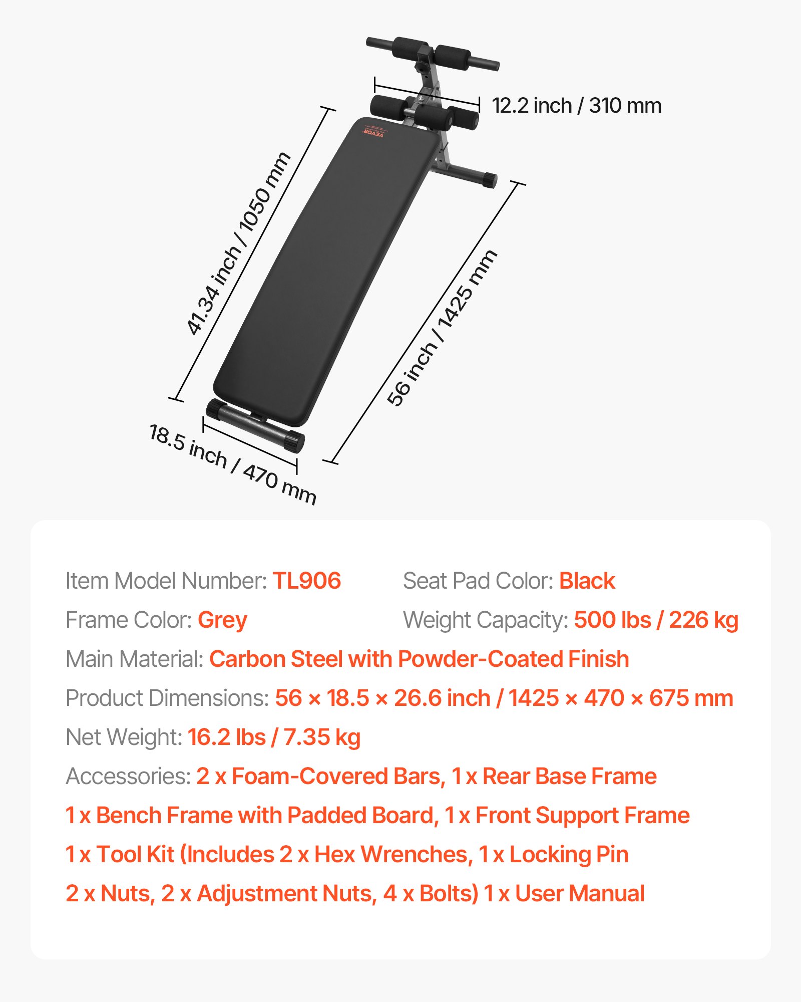 VEVOR Panca per Addominali Curva, Altezza Regolabile 5 Livelli, Panca Addominali da Palestra 1425x470x675 mm, Allenamento per Schiena Capacità di Carico 226 kg per Fitness Muscolare del Corpo