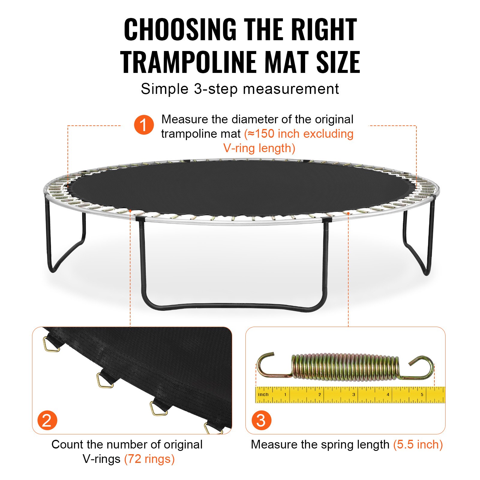 VEVOR Tappetino di Ricambio per Trampolino, Tappetino da Salto Universale Trampolino Rotondo 426 cm, Rinforza Tappetino Resistente ai Raggi UV, con 72 Molla Anelli V, Molle 14 cm Lunghezza