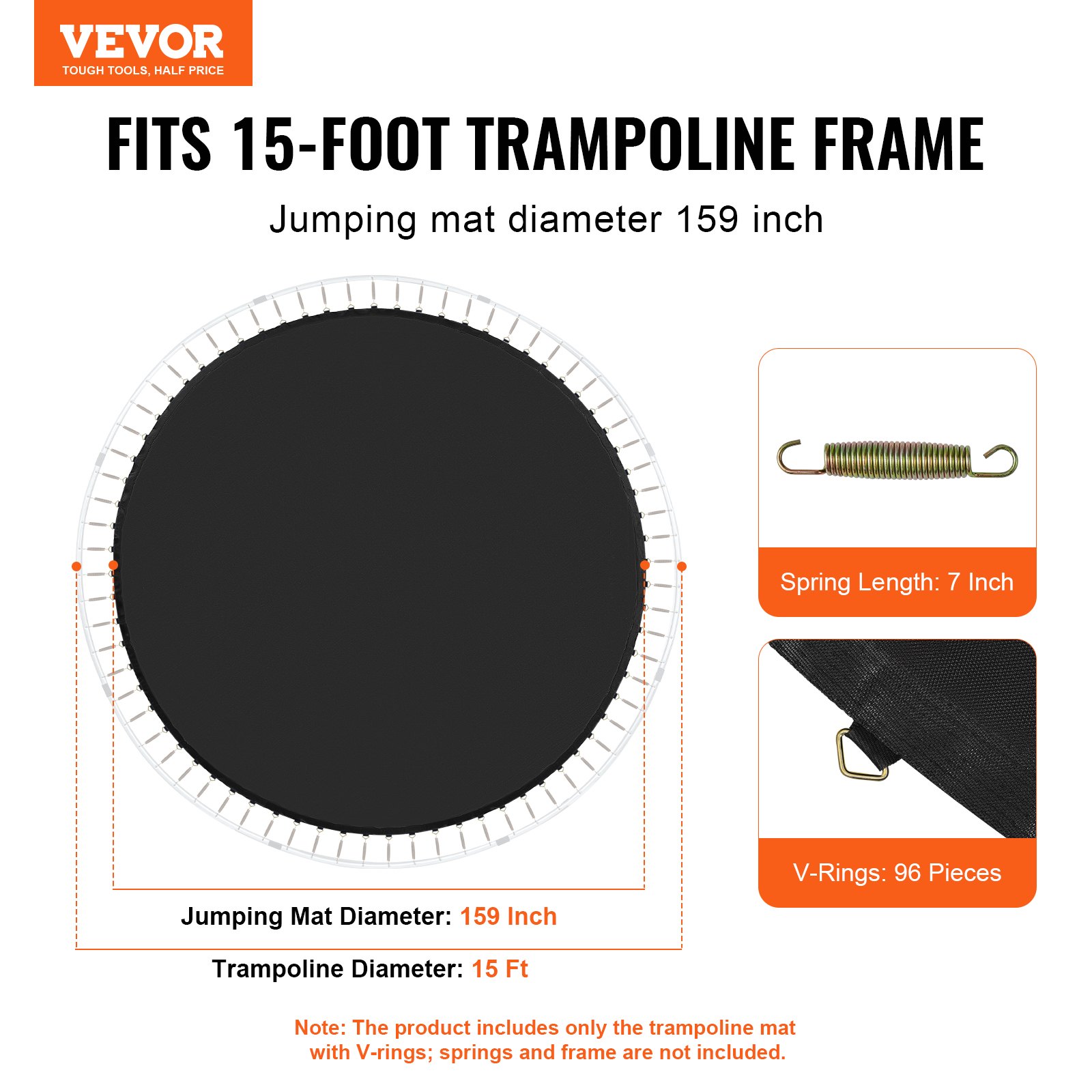 VEVOR Replacement Trampoline Mat Jumping Mat suitable for 457 cm frame, universal jumping mat reinforced UV-resistant mat with spring tool and durable V-rings, suitable for 17.8 cm spring length