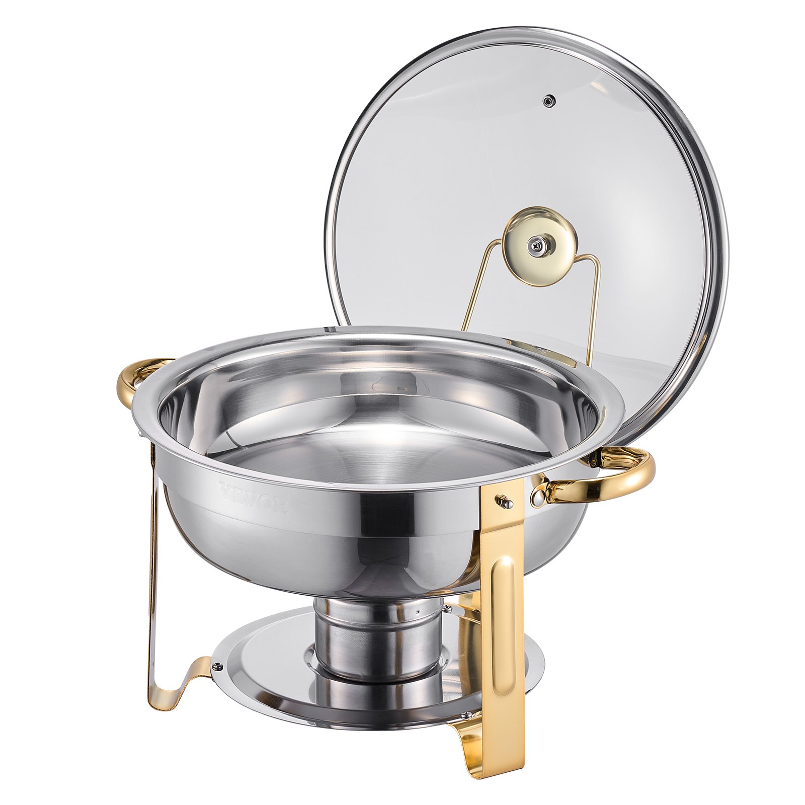 VEVOR Scaldavivande a Buffet (4,7 L) con 4 Padelle Full Size, Dispenser Calore Rotondo con Coperchio in Vetro, Vaschetta per l'Acqua e Supporto, per Matrimoni, Feste a Buffet, Dorato