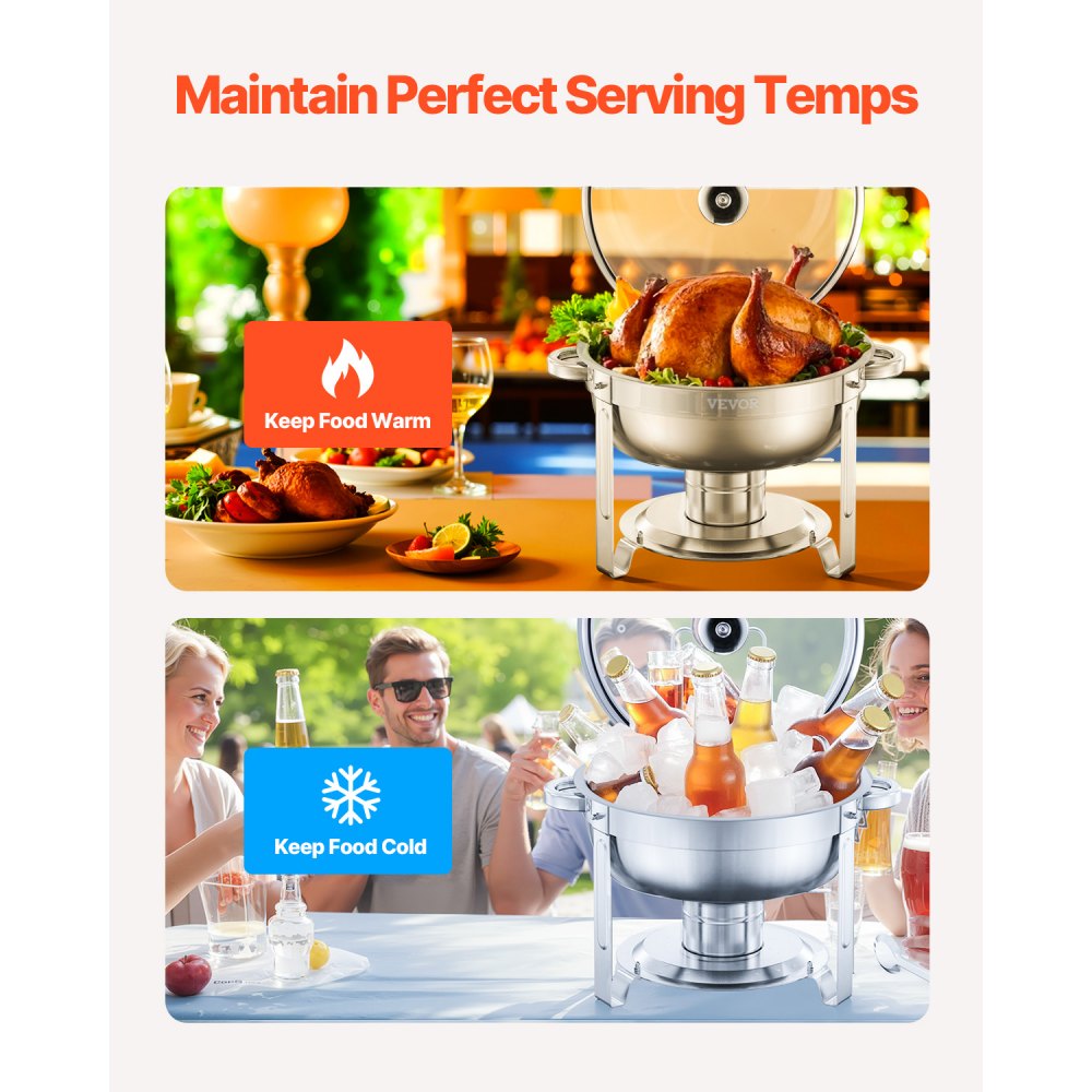 VEVOR Set Scaldavivande a Buffet 4,7 L in Acciaio Inox con 4 Padelle, Distributore Calore Rotondo con Coperchio in Vetro, Vaschetta per l'Acqua e Supporto, per Matrimoni, Feste a Buffet, Argento